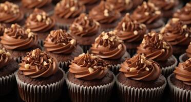 ai generiert ein groß Gruppe von Schokolade Cupcakes mit Walnüsse foto