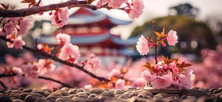 ai generiert das schön Blühen Kirsche Baum im Vorderseite von das schön Pagode foto