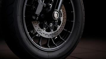 ai generiert ein Nahansicht Schuss von ein Harley Davidson Sportler Vorderseite Rad und Reifen treten. generativ ai foto