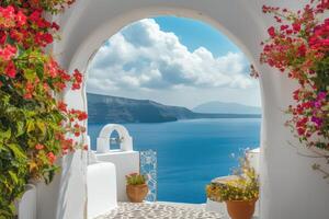 ai generiert Aussicht von das Meer von das Haus durch das Bogen, Santorini Insel, Griechenland. foto