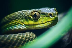 ai generiert bunt Schlange Python Kobra Viper Wald versteckt warten zum Beute Regenwald Urwald unberührt Natur Raubtier giftig Gift gefährlich Tierwelt giftig Tier Haut Schwanz gruselig afrikanisch foto