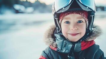 ai generiert Kind mit Helm während Winter Sport Aktivitäten, Skifahren oder Skaten foto