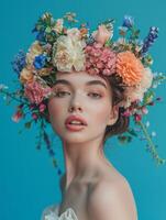 ai generiert Schönheit Frau Porträt mit Kranz von Blumen auf Kopf Blau Hintergrund foto