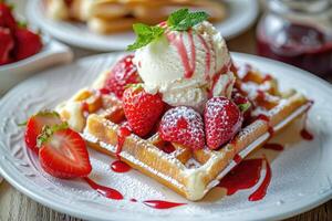 ai generiert ein Teller von Waffeln und Eis Sahne mit Erdbeeren foto