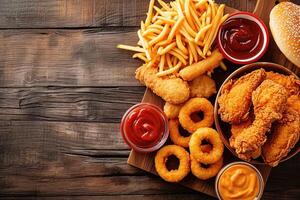 ai generiert schnell Essen Mahlzeiten. Zwiebel Ringe, Französisch Fritten, Hähnchen Nuggets und gebraten Hähnchen auf hölzern Tabelle foto