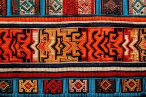 ai generiert uralt Inka Textil, präsentieren das kompliziert Muster und beschwingt Farben. Textil- von Mexiko foto