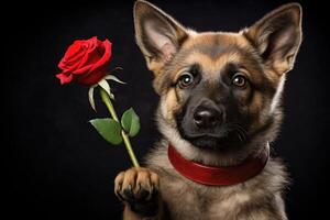 ai generiert süß Hund halten ein rot Rose wie ein Valentinstag Tag Geschenk foto