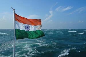 ai generiert indisch Flagge winken durch das Meer foto
