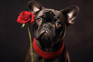 ai generiert süß Hund halten ein rot Rose wie ein Valentinstag Tag Geschenk foto