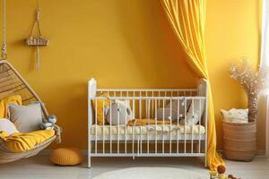 ai generiert einfach, Rosa Baby Schlafzimmer mit Kinderbett. foto