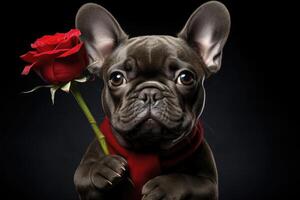 ai generiert süß Hund halten ein rot Rose wie ein Valentinstag Tag Geschenk foto