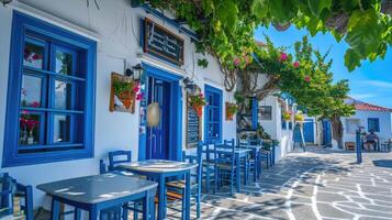 ai generiert griechisch Kultur mit traditionell Weiß und Blau griechisch die Architektur, Taverne foto