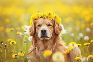 ai generiert süß Hund mit ein Kranz von Löwenzahn auf seine Kopf im ein Wiese foto