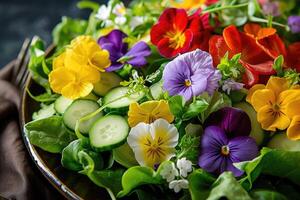 ai generiert frisch Salat von Frühling Gemüse dekoriert mit essbar Blumen foto