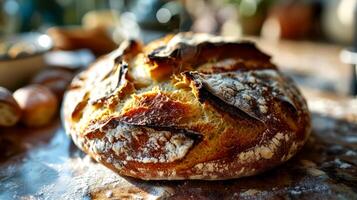 ai generiert frisch gebacken hausgemacht Brot auf ein Tisch. foto