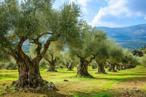 ai generiert traditionell Plantage von Olive Bäume. foto