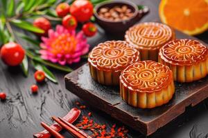 ai generiert Chinesisch traditionell Mond Kuchen beim Mitte Herbst Festival. foto