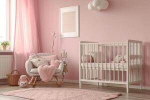 ai generiert Rosa Baby Schlafzimmer mit Kinderbett und Teppich. foto