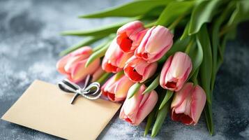 ai generiert ein schön Strauß von Tulpen mit ein leer Etikett zum ein Name oder Geburtstag Karte foto