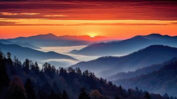 ai generiert Berg Landschaft mit bewaldet Hügel mit Nebel im das Senke beim Sonnenaufgang. atemberaubend natürlich Landschaft foto