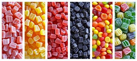 ai generiert beschwingt Süßigkeiten Produkt Collage mit Weiß Vertikale Linien, beleuchtet durch hell Weiß Licht foto