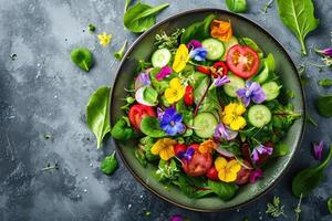 ai generiert frisch Salat von Frühling Gemüse dekoriert mit essbar Blumen foto