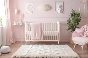 ai generiert Rosa Baby Schlafzimmer mit Kinderbett und Teppich. foto