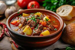 ai generiert Rindfleisch Gulasch, Suppe und ein Eintopf, gemacht von Rindfleisch Futter Steak, Kartoffeln und viel von Paprika. ungarisch traditionell Mahlzeit. foto