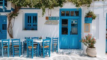 ai generiert griechisch Kultur mit traditionell Weiß und Blau griechisch die Architektur, Taverne foto