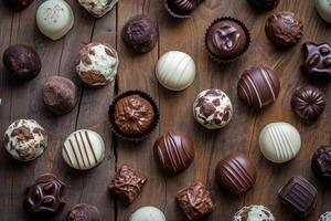 ai generiert dunkel, Milch und Weiß Schokolade Süßigkeiten, Pralinen, Trüffel auf hölzern Tabelle foto