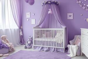 ai generiert lila Baby Zimmer Innere mit Krippe foto