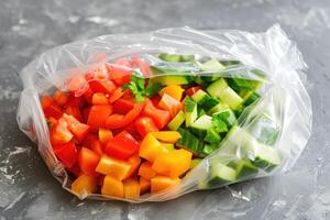 ai generiert frisch gehackt Salat Gemüse im Plastik Essen Tasche. foto