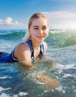 ai generiert jung Frau Schwimmen im Meer, Schwimmen Anzug, Ferien Konzept foto