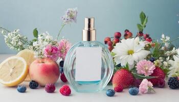 transparent Parfüm Flasche spotten oben mit Blumen, Beeren, Früchte auf Hintergrund foto