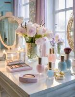 ai generiert dekorativ kosmetisch einstellen auf Dressing Tabelle mit Lavendel Blumen, Provence Stil foto