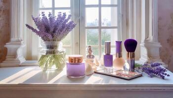 ai generiert dekorativ kosmetisch einstellen auf Dressing Tabelle mit Lavendel Blumen, Provence Stil foto