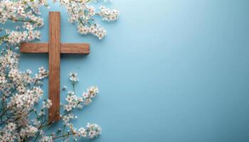 ai generiert hölzern Kreuz mit Frühling Blumen gegen ein Blau Hintergrund, Palme Kreuze Konzept foto