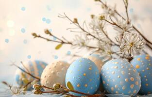 ai generiert Blau und Weiß Ostern Eier mit Geäst und Knospen, Ostern Dekorationen Bild foto