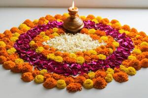 ai generiert gudi Padwa pongal Blume Rangoli gemacht von Ringelblume oder zendu Blumen mit ein Öl Lampe auf ein Weiß Hintergrund, gudi Padwa Dekoration Bild foto