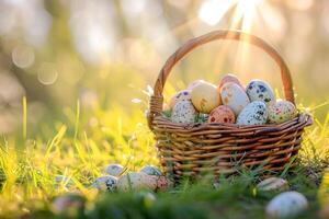 ai generiert Korbweide Korb gefüllt mit Ostern Eier auf Gras, Ostern Körbe Bild foto