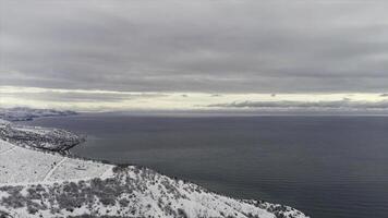 schön Winter Seelandschaft mit schneebedeckt Felder, Wald und Blau Meer auf grau, wolkig Himmel Hintergrund. Schuss. Antenne zum Winter Küste mit schneebedeckt Bäume und Felder. foto