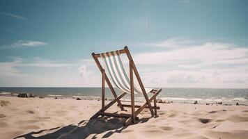 ai generiert leeren Strand Stuhl auf Sand Strand beim Sommer- Tag, neural Netzwerk generiert Kunst foto