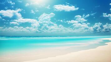 ai generiert Sommer- Strand Hintergrund. Weiß Sand, Türkis Meer und Blau Himmel, neural Netzwerk generiert Kunst foto