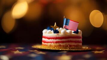 ai generiert Kuchen mit amerikanisch Flagge mit Bokeh Hintergrund, neural Netzwerk generiert Bild foto