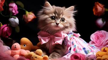 ai generiert ein süß sibirisch Kätzchen mit Rosa Bogen Krawatte und Blumen auf schwarz Hintergrund. foto