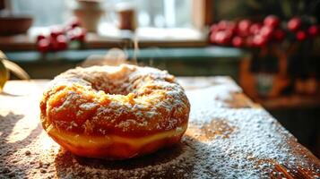 ai generiert köstlich Donuts mit pulverisiert Zucker auf hölzern Tisch. foto