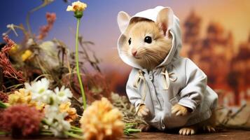 ai generiert Hamster auf das Hintergrund von ein Strauß von Blumen. foto