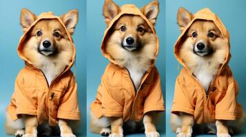 ai generiert Collage von süß Corgi Hund im Regenjacke auf Farbe Hintergrund. foto