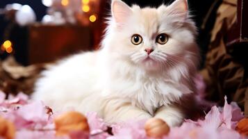 ai generiert Weiß persisch Katze auf ein Hintergrund von Blumen und Weihnachten Beleuchtung. foto