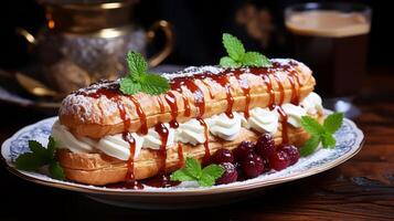 ai generiert Eclair mit Sahne und Beeren auf ein hölzern Tabelle im ein Restaurant. foto